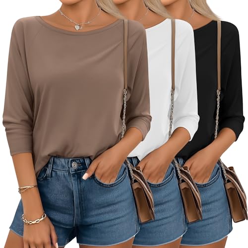 Huukeay 3 Pack 3/4 Sleeve Tops for Women Boat Neck Loose Fit Casual Tunic Shirts Ladies Basic Tees Fall(X-Large,Black, White, Coffee)