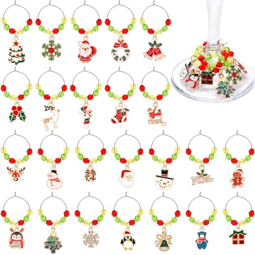 JUNEBRUSHS 24Pcs Christmas Wine Charms Christmas Wine Glass Charms