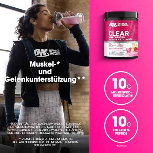 Optimum Nutrition Apfel-Himbeer-Geschmack: Fertiges Molkenprotein-Isolat und Kollagenpeptid-Pulver mit Vitamin C und D, mit Süßungsmitteln, 10 Portionen, 240 g