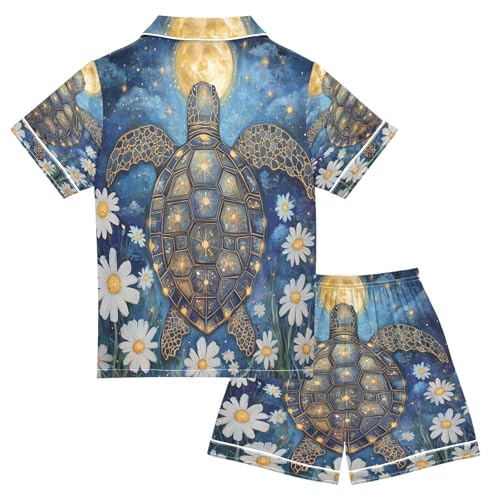 ALAZA Sea Turtle Daisy Flower Blossom Satin Pajamas Set Short Sleeve Button Down Sleepwear Summer Pjs 2 Piece2