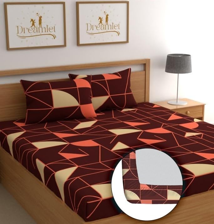 DREAMLET 160TC Glace Cotton Feel All Around Elastic Fitted Bedsheets King Size, Premium Fitted Bedsheets King Size for Double Bed with 2 Pillow Covers (Brown Multi, Fitted) (B0D8W8RW5J) Amazon Price History, Amazon Price Tracker