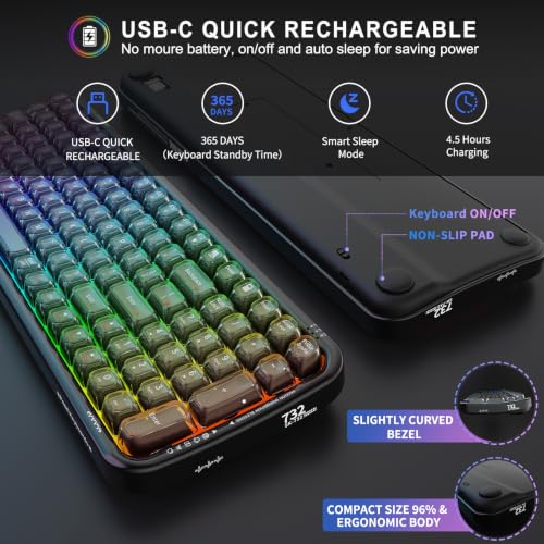 Image of FOPETT Wireless Computer Keyboard with RGB Backlit, Tri-Mode Bluetooth 5.0 /USB-C /2.4GHz Ergonomic Gaming Keyboard - Full-Size Rechargeable Transparent Keycap for Laptop /Windows /PC - Black