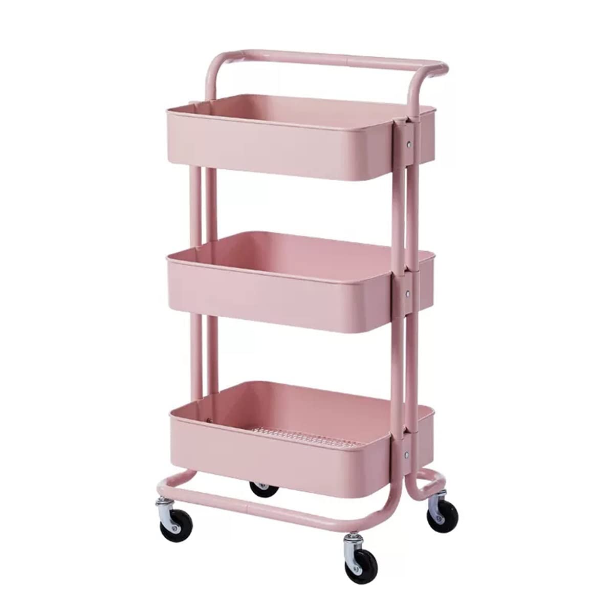 Carrito utilitario rosa de 3 niveles con estantes de almacenamiento para cocina, baño, oficina y lavandería, carrito de servicio de metal con ruedas para un fácil transporte y organización