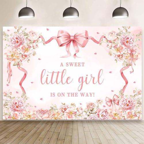 MEHOFOND 10x7 ft Pink Bow Baby Shower Backdrop A Sweet Little Girl is on The Way Photography Background Pink Floral Baby Shower Decor Hearts It's A