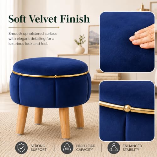 Image of Velvet Upholstered Round Ottoman Footstool | Anti-Slip Feet | Multipurpose Footrest, Step Stool & Vanity Seating & Decor | 40 x 30 cm (16 x 12 Inch) | Royal Blue