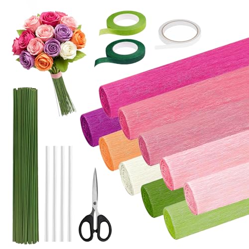 Crepe Paper Streamers 10 Rolls10 * 98in Pastel Crepe Paper Sheets Kit for DIY Gift Colourful Paper Flower with 100 Pcs Flower StalkGardening TapeScissorsDouble-Sided Tape and Glue Sticks (Pink)