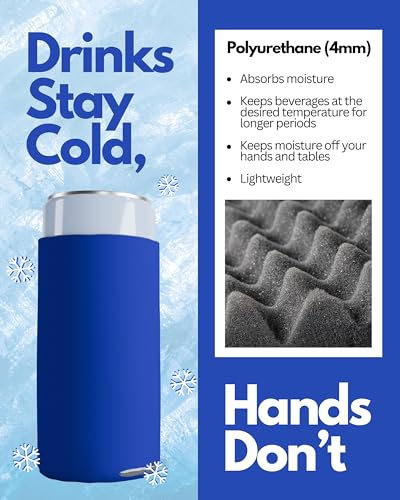 Image of PartyPrints 100 Pack Royal Blue Blank Slim Can Cooler Sleeves | Plain Seltzer Customizable Bulk Coolers for Beer Bottles & 12oz Tall Cans | Skinny Collapsible Drink Insulated Sleeve