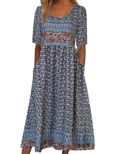 ZOCAVIA Womens Boho Floral Printed Maxi Dresses 2024 Summer Casual Loose Flowy Bohemian Vintage Short Sundresses with Pockets