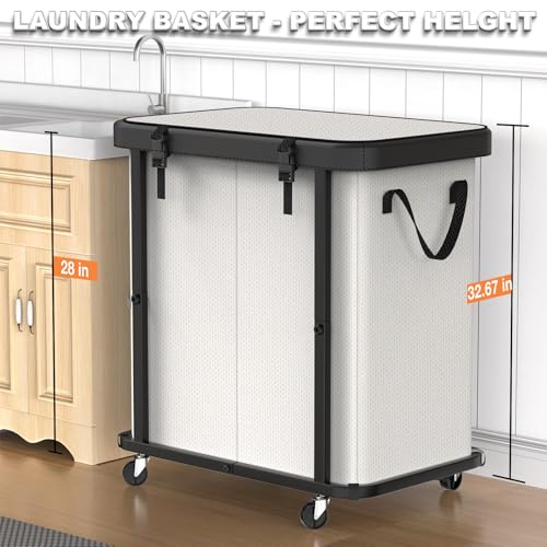 Image of 190L (50 Gal) Large Fashion Laundry Basket with Wheels,Leather Patchwork Rolling Hamper Carts, Sturdy Metal Frame, Removable Washable Bag, Tall Clothes Sorter for Bedroom, Laundry Room-Beige