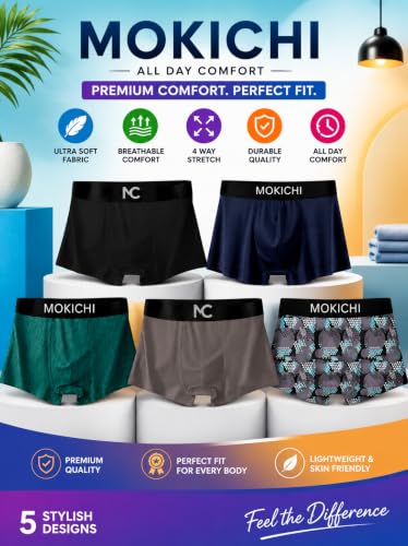 Image of Men's Boxer Briefs for Men, Stretchable Trunks Underwear, Soft Comfortable Fit, Breathable Mid-Rise Boxer Shorts, Assorted Solid & Printed Designs, Pack of 5
