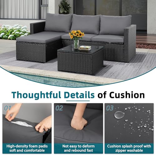 SUNLEI 3-Piece Patio Sectional Sofa, Patio Furniture Set with Detachable Soft Cushions, Outdoor PE Rattan Patio Conversation Sofa Set with Glass Coffee Table & Ottoman, Black Rattan/Grey - Image 6