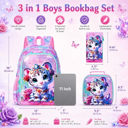 Image of 16 inch Tiger Backpack for Girls, 3Pcs Kids School Backpacks with Lunch Box, Bookbag for Elementary Preschool Kindergarten(Pink)