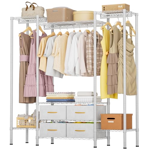 Himimi Kleiderständer mit 4 Schubladen Offener Kleiderschrank mit 3 Kleiderstangen & Höhenverstellbaren Ablagen Robuster Metall für Schlafzimmer Wäscheraum Balkon 154W*40D*180Hcm Weiß