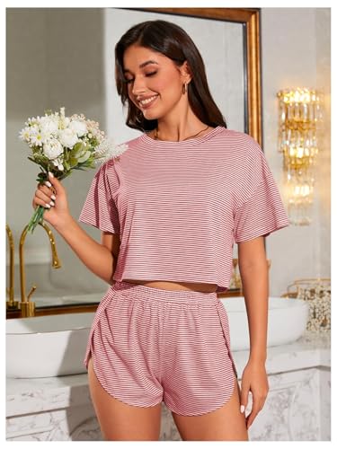 Image of OYOANGLE 2 Pack Pajama for Woman Set Summer Cute PJ Sets Striped Short Sleeve Tshirt and Split Shorts Lounge Set