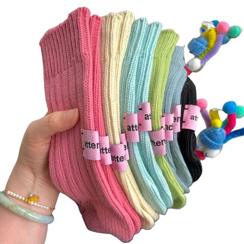 XIBANY 5pairs Pink Solid Thick Thread Double Needle Medium Sleeve Socks For Men And Women Couples Sports Retro Stacked