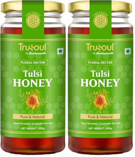 Image of TruSoul Pure & Natural Tulsi Honey 500g | Wild Forest Sourced | Natural Immunity Booster | Raw & Unprocessed Honey | No Adultration | Glass Jar | Lab Certified (Pack of 2)