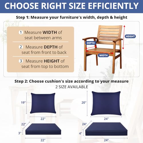 Fabuday Outdoor Chair Cushions Set - 22 x 22 Inch Waterproof & Fade Resistant Patio Furniture with Removable Cover Deep Seat & Back Pillow with Ties Replacement for Sunbrella Outside Sofa Couch Blue