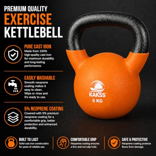 Image of KAKSS Half Coating Neoprene Kettlebell, 6kg Orange Cast Iron Kettle Bell with Non-Slip Grip Handle for Strength Training, Home Gym Workout Equipment for Men & Women (Proudly Made in India)