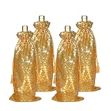 PartyDelight Paquete de 4 bolsas de regalo de vino con lentejuelas doradas, brillantes y reutilizables para viajes, bodas, cumpleaños, inauguración de la casa y cenas.