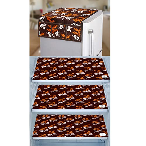 Image of Polyester 3-Layered Fridge Top Cover /Refrigerator Cover with Utility Pockets and Set of 3 Pc Fridge Mats (Color-Leaf Brown, Size-39x21 Inch)