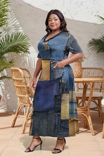 Image of Runwind Plus Size T Shirt Maxi Dress for Women Short Sleeve V Neck Casual Long Dresses with Pockets