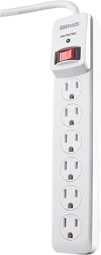 Woods 41497 Protector contra sobretensiones con función de sobrecarga de seguridad, 6 salidas para 900J de protección, cable de 3 pies, color blanco