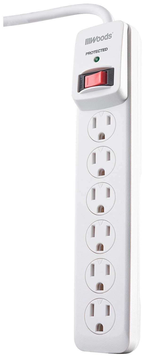 Wood'sWoods Woods 41497 Surge Protector with Safety Overload Feature 6 Outlets for 900J of Protection, 3-Foot Cord, White