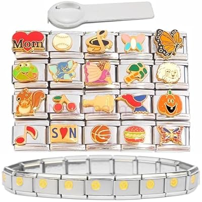20 Different Italian Charms and Starter Braclet and Tool - Popular Designs Mom Baseball Music Butterfly Frog Elephant Fairy Palm Tree Dog Squirrel Cherries Guitar Bird Pumpkin Basketball Hamburger