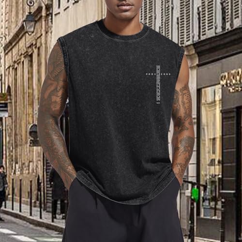 Image of Christian Gym Workout Tank Tops for Men Vintage Bible Verse Cross Graphic Sleeveless Muscle Shirts Acid Wash Tanks Top