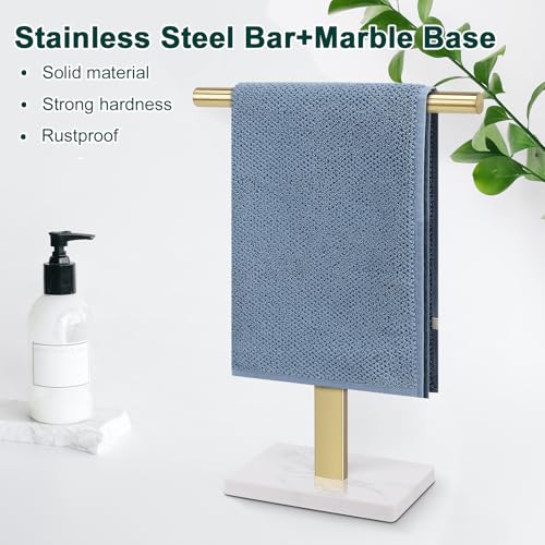 BathAce Hand Towel Holder, T-Shape Hand Towel Stand for Bathroom, Hand Towel Rack Bar Standing for Vanity Kitchen Countertop, 304 Stainless Steel, Marble Base (Gold) by BathAce - Used condition - Image 4