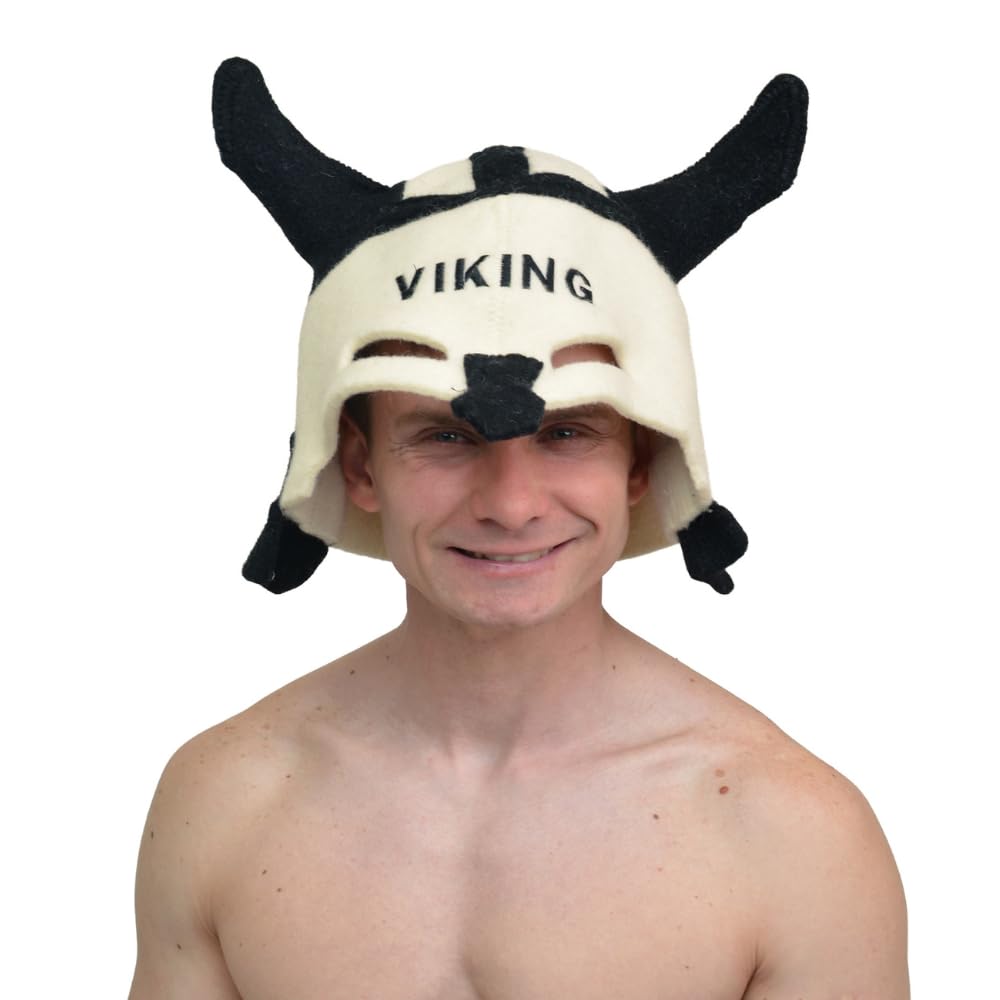Saunahut 'Sauna Viking' White - 100% organische Wollfilzmützen - Schützen Sie Ihren Kopf vor Hitze - Englische Sauna E-Book Handbuch inklusiv - mit Stickerei