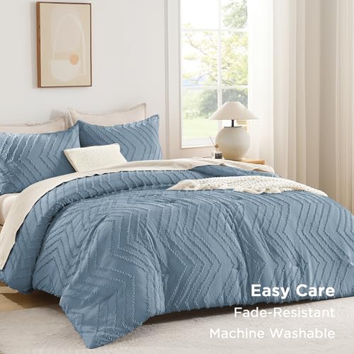Image of Andency Greyish Blue California King Comforter Set, Boho Cal King Soft Warm Tufted Neutral Bedding Comforter Sets, 3 Pieces Cali King Aesthetic Chevron Farmhouse Cute Bohemian Textured Bedding Set