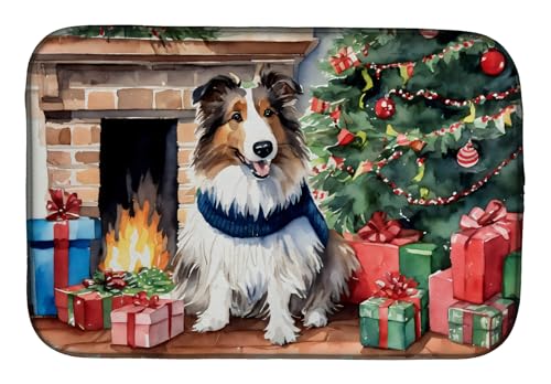 Caroline's Treasures DAC2749DDM Sheltie Cozy Christmas Dish Drying Mat Absorbent Dish Drying Mat Pad for Kitchen Counter Dish Drainer Mat for Countertop, 14 x 21", Multicolor