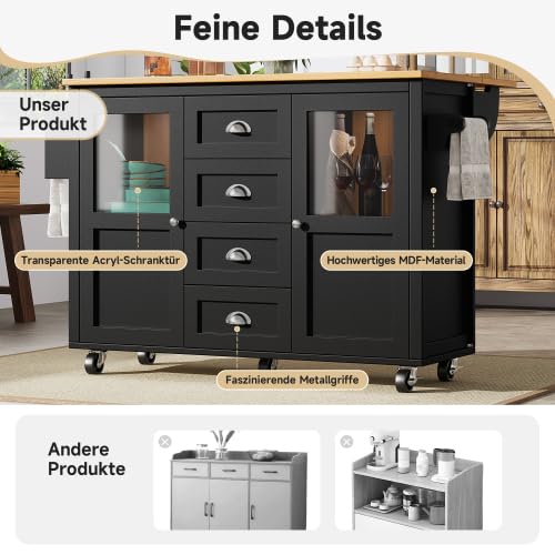 Kücheninsel 138x73(45) x93 cm Schwarz, Ausklappbarer Arbeitsplatte, 4 Schubladen & 4 Rollen, Gewürzregal & Handtuchhalter, Küchenschrank Buffetschrank, MDF & Metall für Kleine Küchen