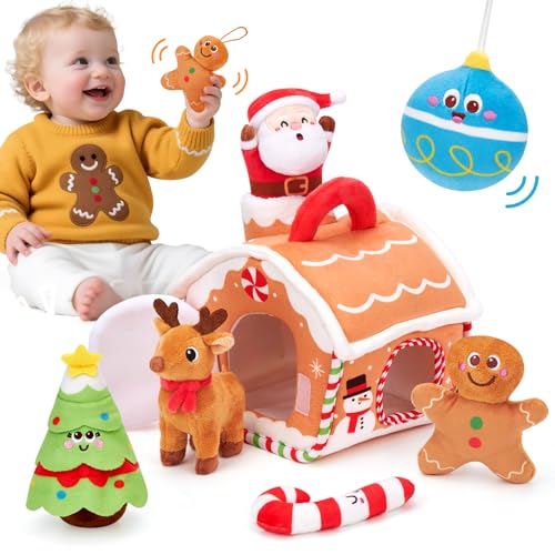 hahaland Brinquedos de Natal bebés 6-12 meses - brinquedos sensoriais com tema de Pai Natal de peluche - brinquedos crianças 1 ano presentes Natal crianças