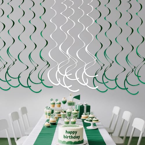 Image of 36 Pcs Green White Hanging Swirl Decorations Felt Swirl Streamer Spiral Ceiling Garland for Birthday Graduation Wedding Retirement Spring Summer Christmas Masters Golf Party Decor Supplies