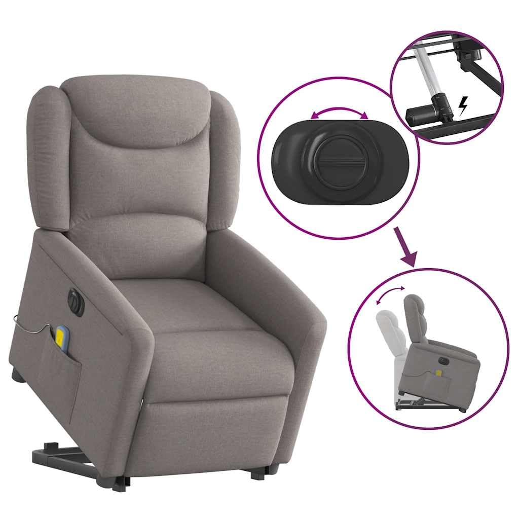 Sillón elevador eléctrico reclinable de tela gris con 6 puntos de vibración, función de elevación e inclinación de 135°, estructura estable, cómodo asiento