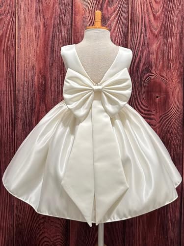 V-Back Sleeveless Glossy Satin Flower Girl Dress O-Neck Summer Wedding Party Midi Dresses with Big Bow-Knot3