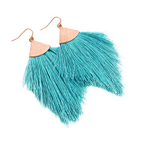 Bohemian Silky Thread Fan Fringe Tassel Statement Earrings - Lightweight Strand Feather Shape Dangles3