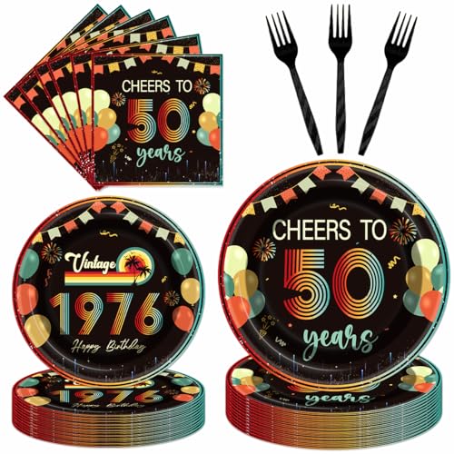 96Pcs Vintage 50th Birthday Decorations Tableware Set Back in 1976 Paper Plates Napkins Forks Cheers to 50 Years Disposable Tableware Decor for Women Men 50th Birthday Party Favor Serve 24 Guests