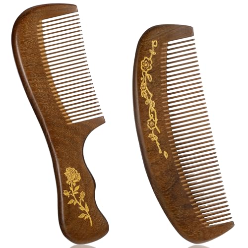 2 Pcs Wooden Comb, Bamboo Hair Comb Wide Tooth Brush for Men and Women Sandalwood Wooden Combs Set Fine Tooth Beard Bamboo Anti-Static Hair Combs for Wet or Dry Curly Thick Wavy or Straight