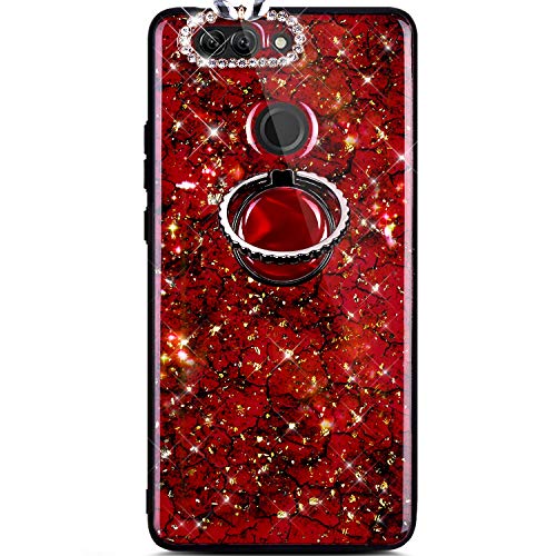 Robinsoni Case Compatible with Huawei Nova 2 Plus Phone Case Silicone Glossy TPU Cover 360 Degree Rotation Ring Case Kickstand Phone Cover Sparkle Bling Phone Cover Gel Soft Shockproof Case Amber Red