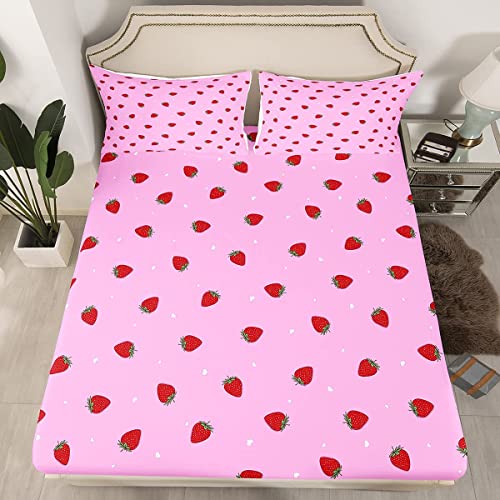 Loussiesd Kids Strawberry Bed Sheets Cute Bed Sheet Set for Boys Girls Tropical Fruit Lightweight Bedding Set Bright Pink Lovely Little Art Fitted Sheet Bedroom 2Pcs Single Size