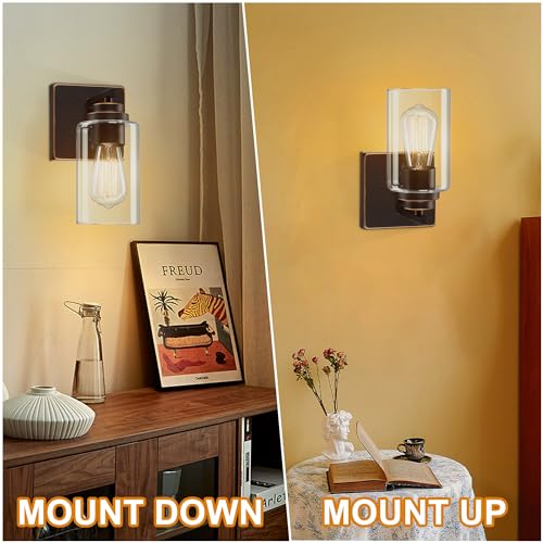 Image of Pia Ricco Wall Sconces Set of 2, Bedside Wall Lamps with Switch for Bedroom, Modern Bathroom Light Fixtures with Clear Glass Shade, Oil Rubbed Bronze Sconces Wall Lights for Living Room, Hallway