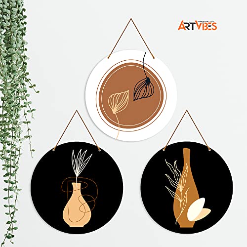 Image of Artvibes Contemporary Abstract Line Art Round Wooden Wall Hanger for Home Decor | Modern Wall Art Paintings | Wall Poster | Handcrafted Art | Artworks Hangings | Ideal Gifts (WH 4208N), Set of 3