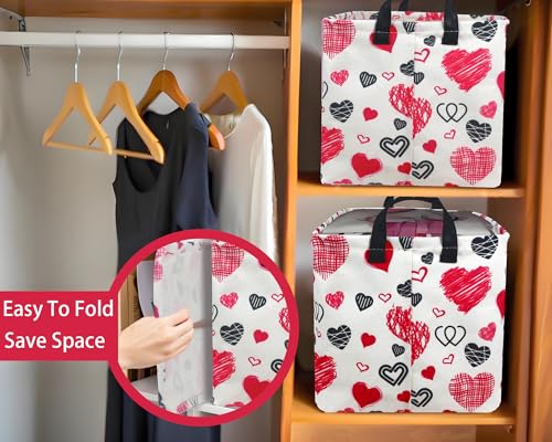 Image of Valentines Day Basket Large Foldable Heart Shaped Storage Box for Gifts Kids Empty Storage Bins Rectangular Toy Organizer Decor (Black Pink Line Love)