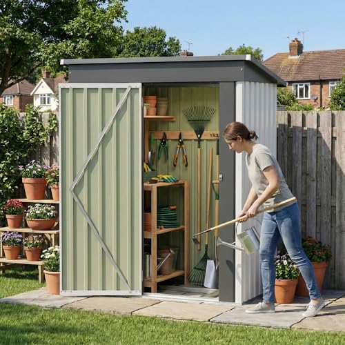 Image of Devoko 5 x 3 FT Storage Sheds with Floor Frame, Waterproof Garden Tool Shed with Lockable Door, Outdoor Metal Small Shed for Backyard Patio Lawn, White