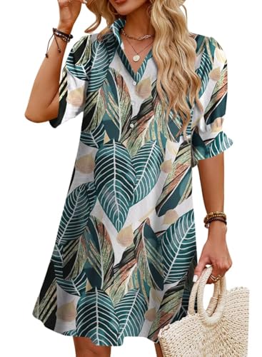 Image of Womens Summer Shirt Mini Dresses 2026 Beach | Flowy Shift Dress, Button V Neck, Polo Collar, Ruffle Short Sleeve, Floral Boho Style, Casual Vacation Outfits with Pockets