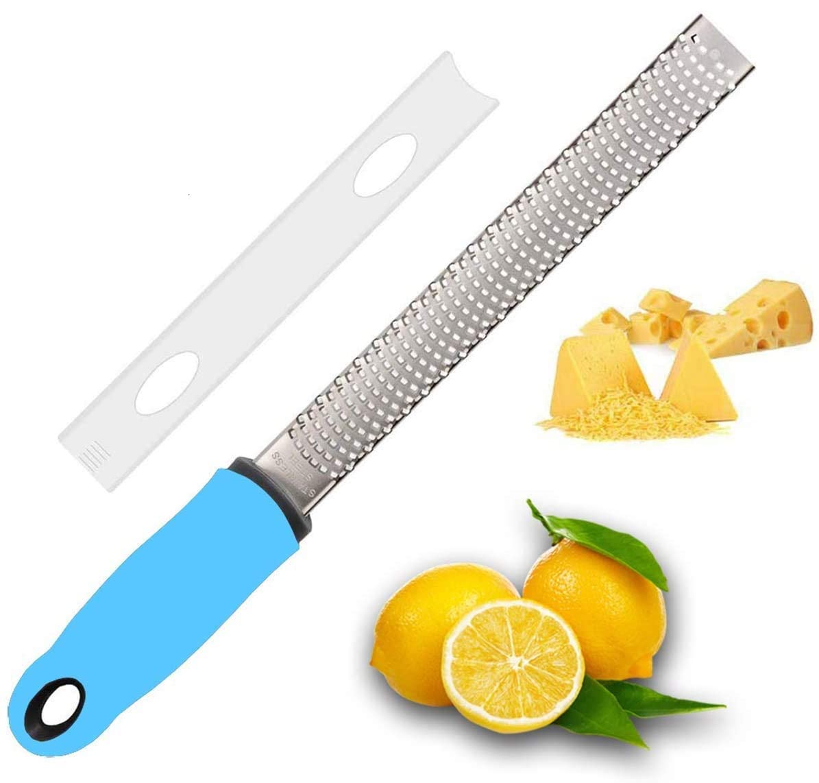 Baskety Lemon Zester & Cheese Grater 13 Inch Stainless Steel Zester with Protective Cover Ginger, Garlic, Fruits & Vegetables (Blue)