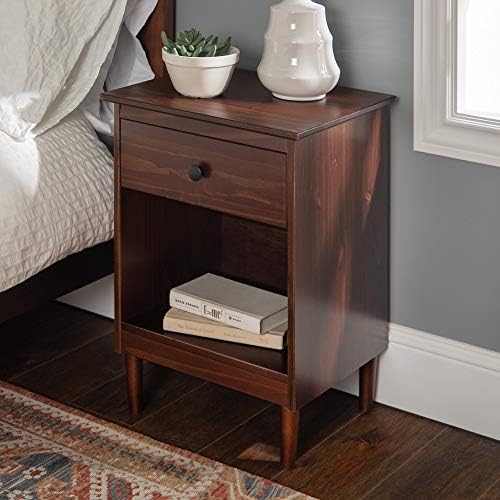 Walker Edison Russ Mid Century Modern Solid Wood Nightstand Set, 1 Drawer 2 Pack, Walnut